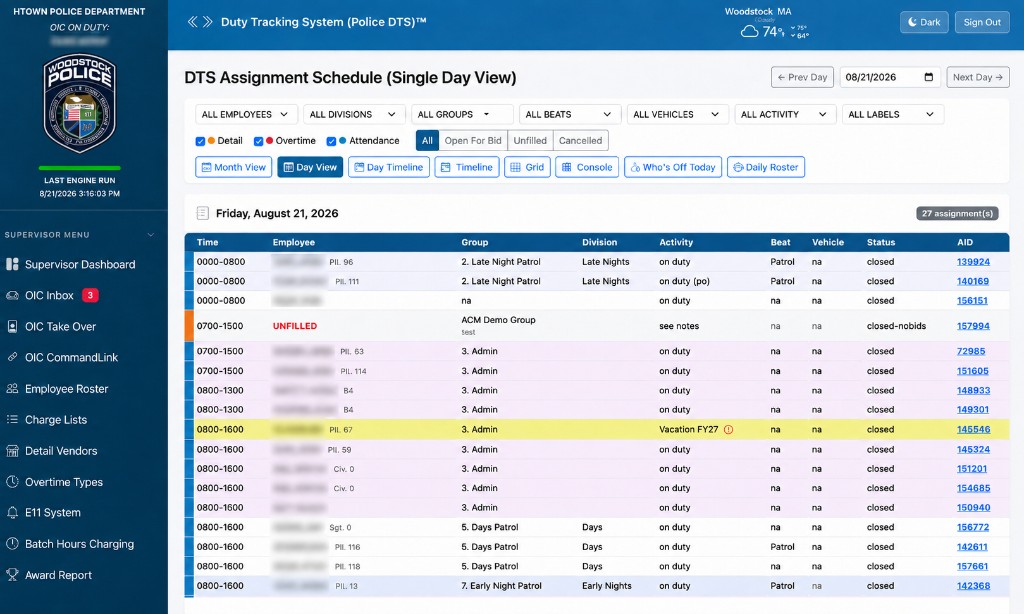 Single-day assignment schedule with employee, group, activity, and status