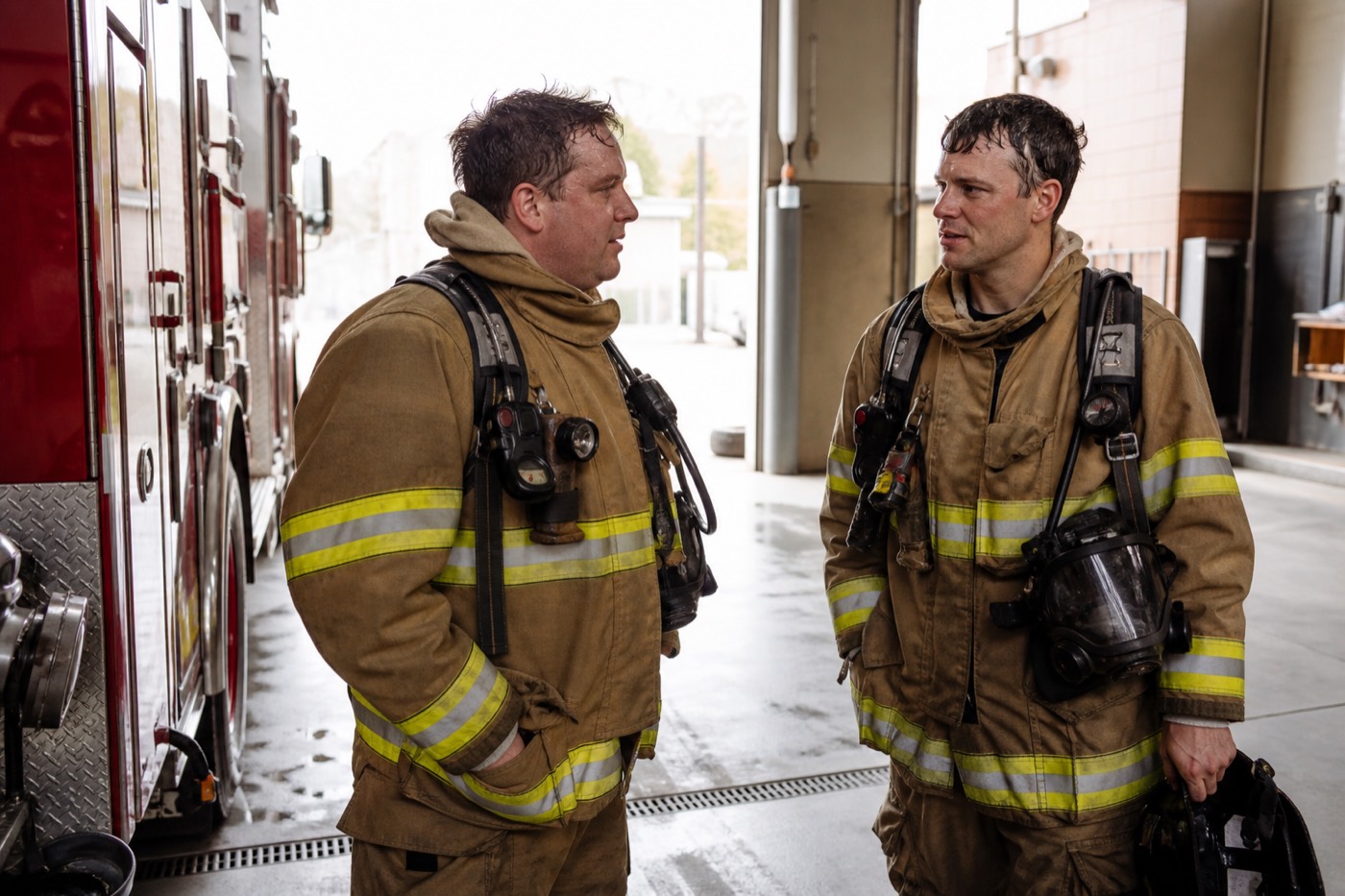 Firefighters at a station bay
