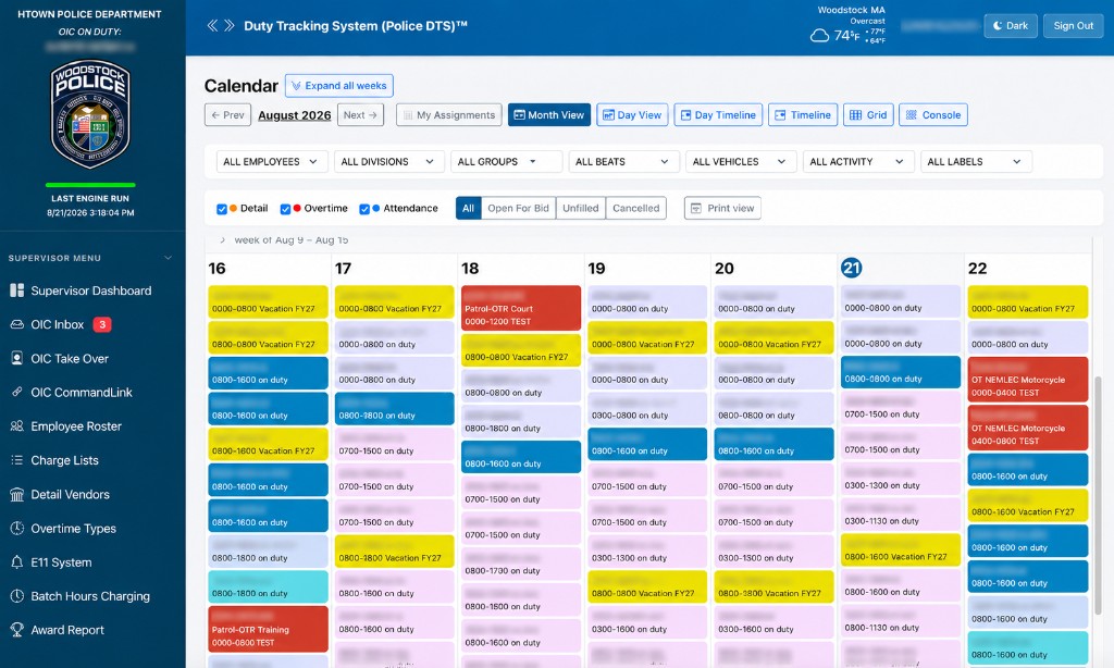 Month calendar showing color-coded duty, overtime, and leave