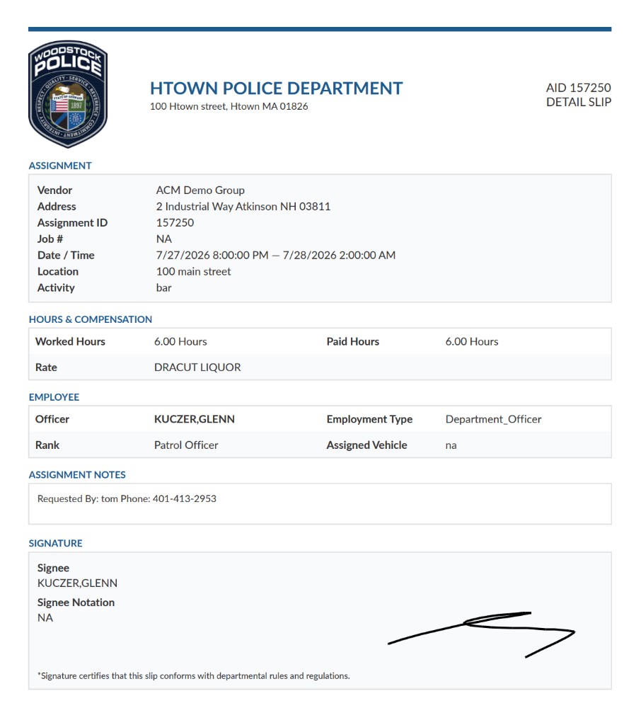 Signed Duty Tracking System detail slip with officer signature