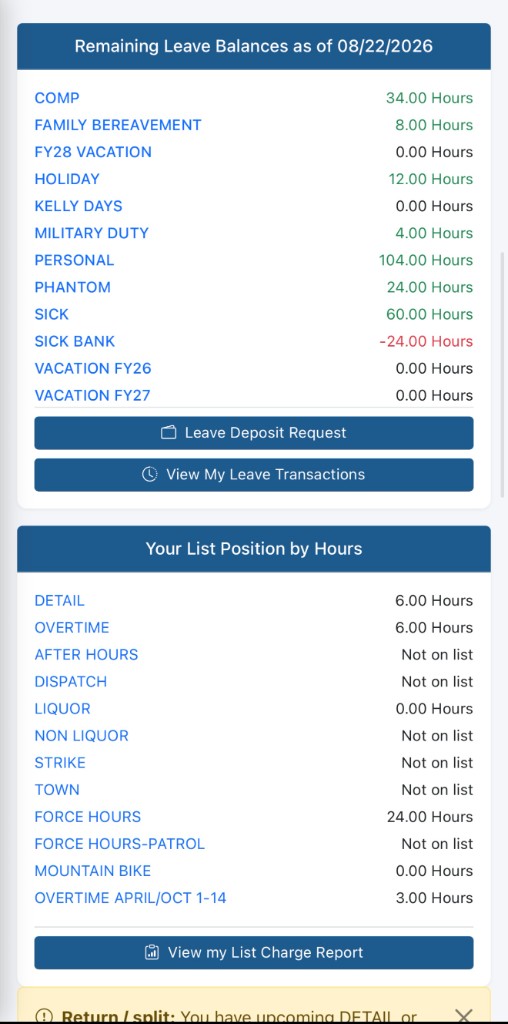 Mobile leave balances and list position by hours