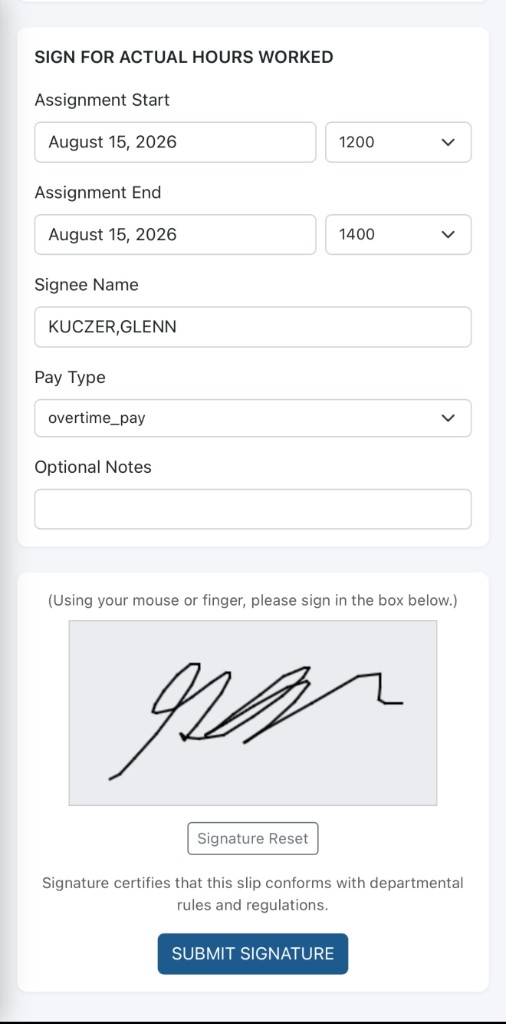 Mobile signature slip for actual hours worked