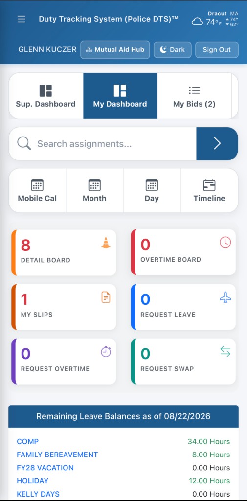 Duty Tracking System mobile member dashboard with detail, overtime, slips, and leave