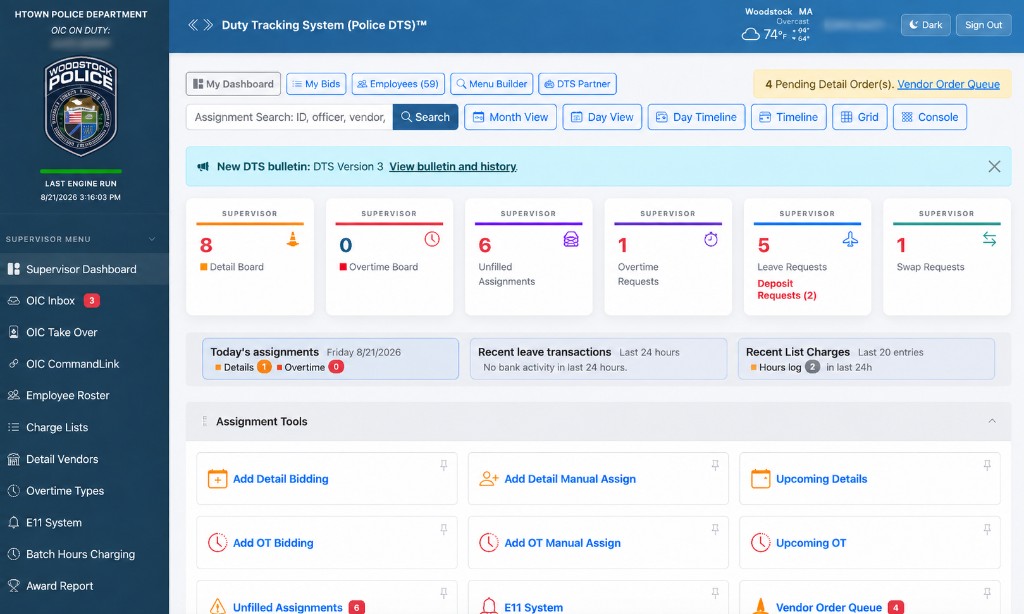 Duty Tracking System desktop supervisor dashboard